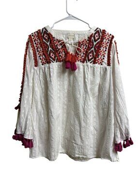 Chico’s Boho Embroidered Tassel Blouse White Cotton Size 2